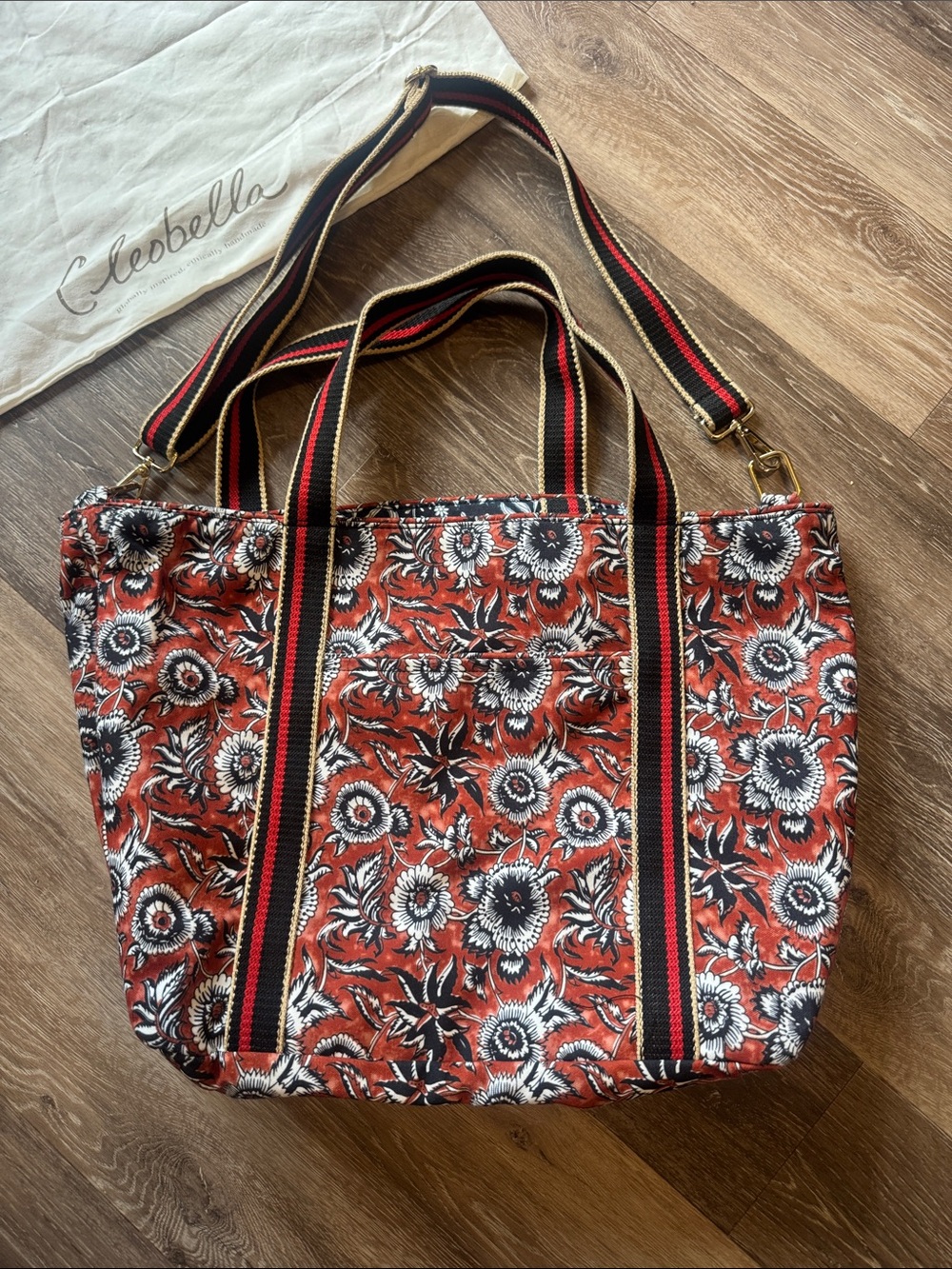 Cleobella Red Floral Canvas Tote with Striped Shoulder Straps